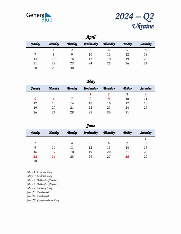 April, May, and June Calendar for Ukraine with Sunday Start