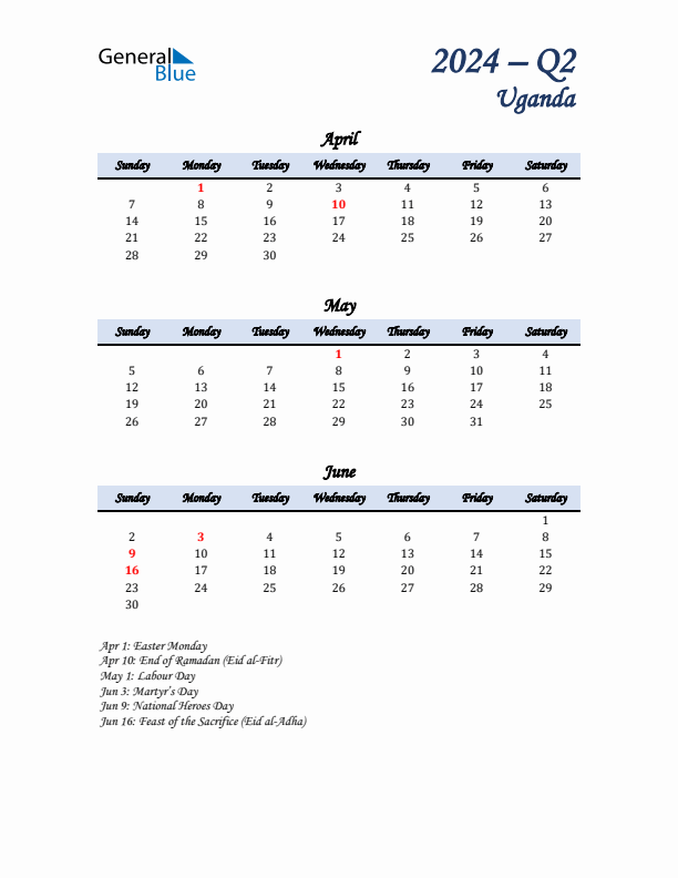 April, May, and June Calendar for Uganda with Sunday Start