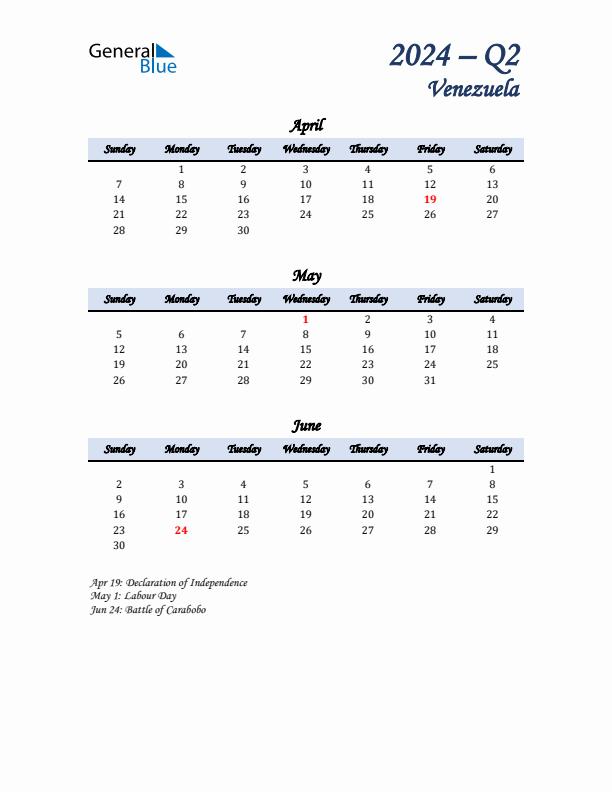 April, May, and June Calendar for Venezuela with Sunday Start