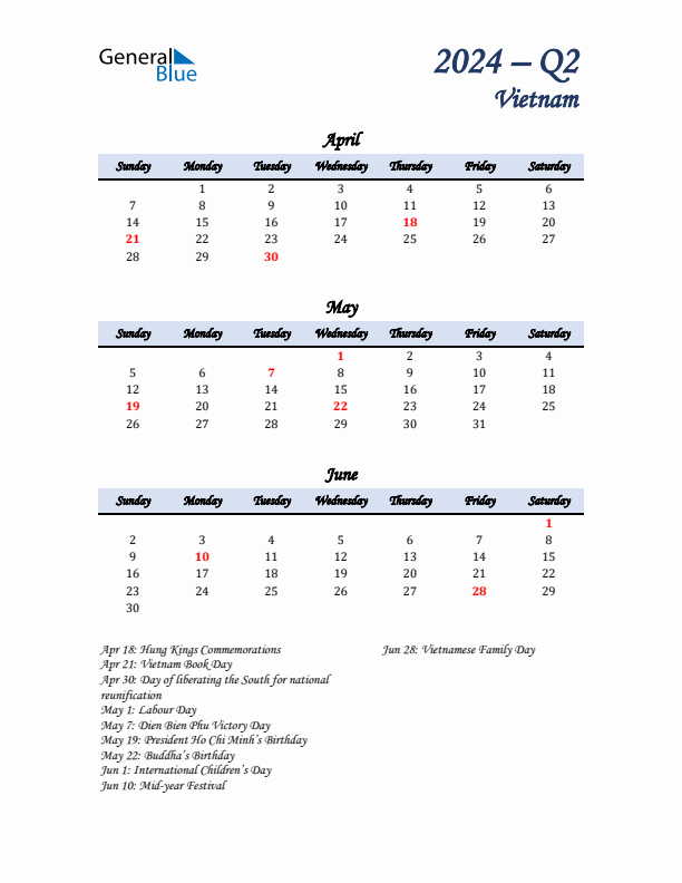 April, May, and June Calendar for Vietnam with Sunday Start