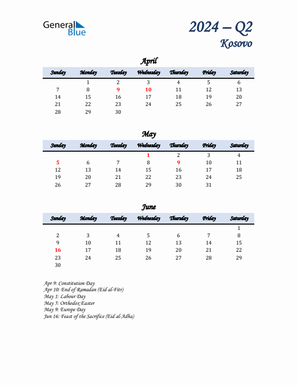 April, May, and June Calendar for Kosovo with Sunday Start