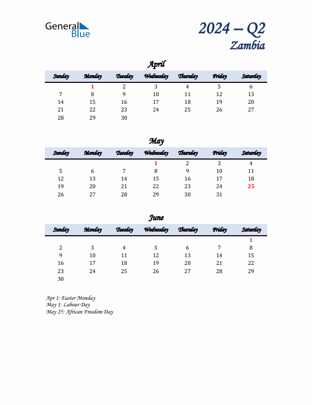 April, May, and June Calendar for Zambia with Sunday Start