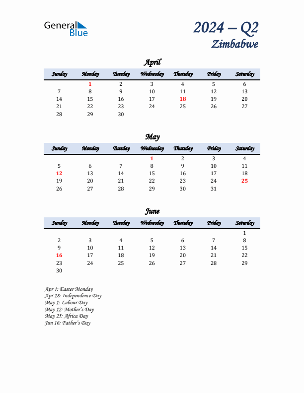 April, May, and June Calendar for Zimbabwe with Sunday Start