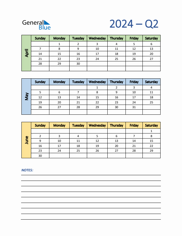 Three-Month Planner for Q2 2024