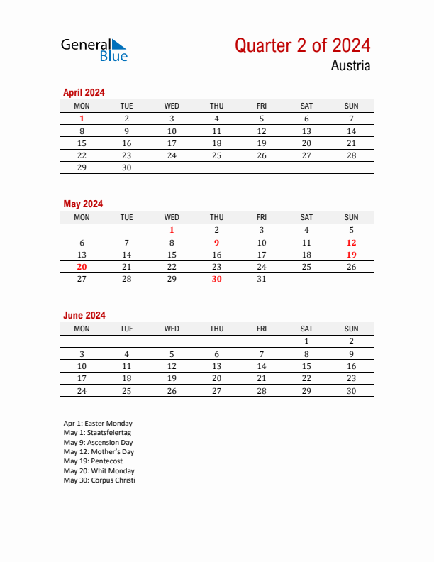 Printable Three Month Calendar with Austria Holidays