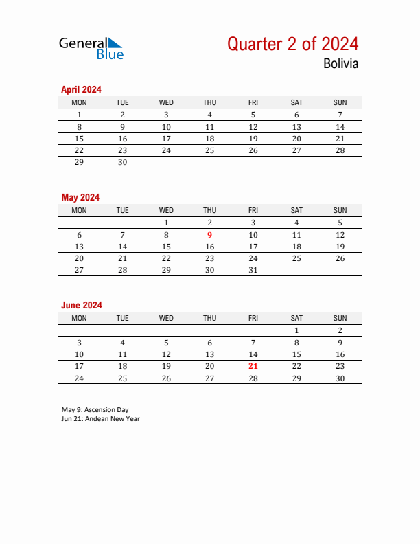 Printable Three Month Calendar with Bolivia Holidays