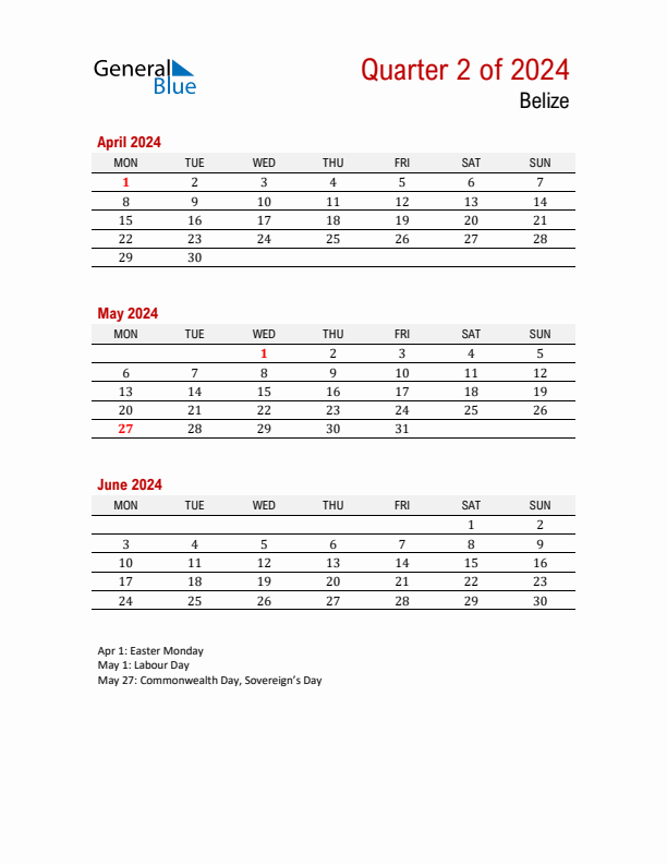 Printable Three Month Calendar with Belize Holidays