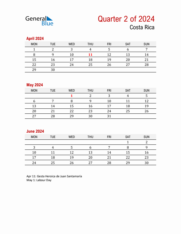 Printable Three Month Calendar with Costa Rica Holidays