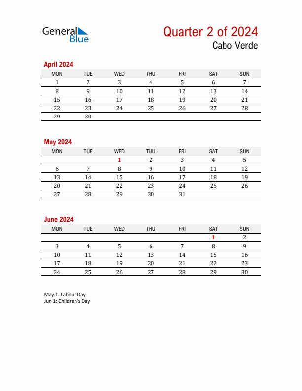 Printable Three Month Calendar with Cabo Verde Holidays