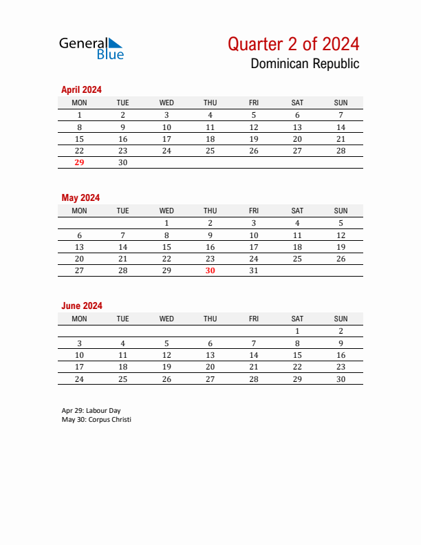 Printable Three Month Calendar with Dominican Republic Holidays