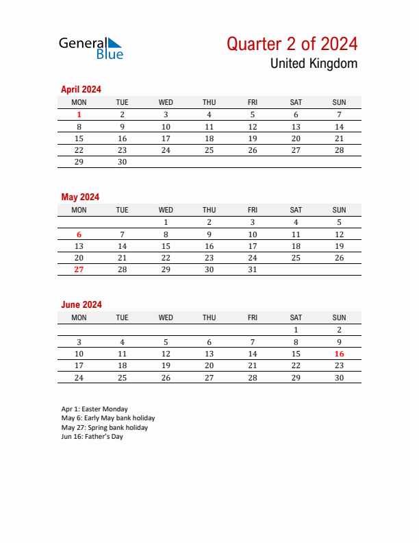 Printable Three Month Calendar with United Kingdom Holidays