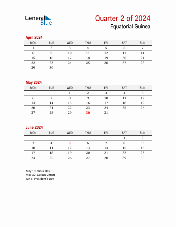 Printable Three Month Calendar with Equatorial Guinea Holidays