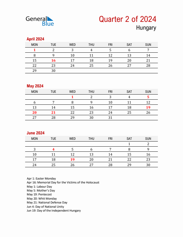 Printable Three Month Calendar with Hungary Holidays