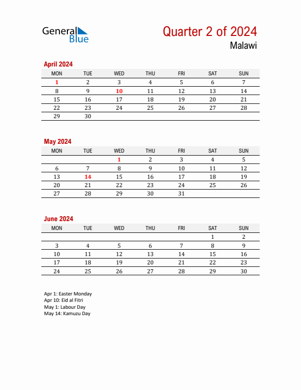 Printable Three Month Calendar with Malawi Holidays