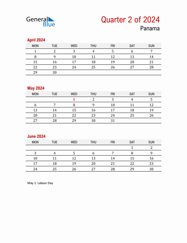 Printable Three Month Calendar with Panama Holidays