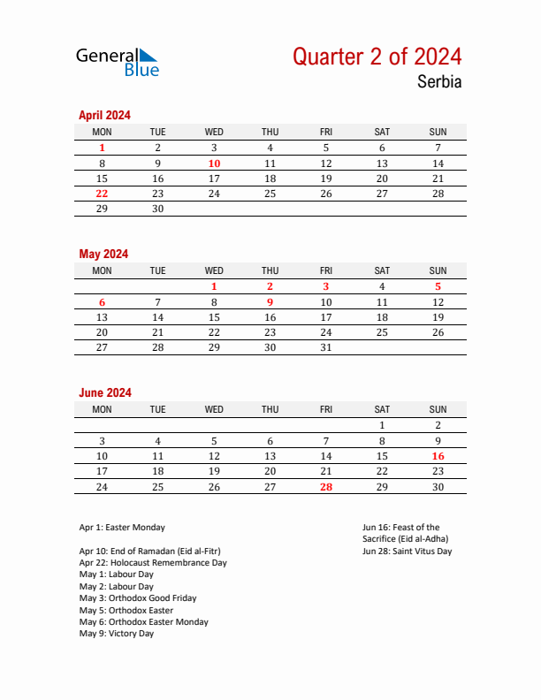 Printable Three Month Calendar with Serbia Holidays