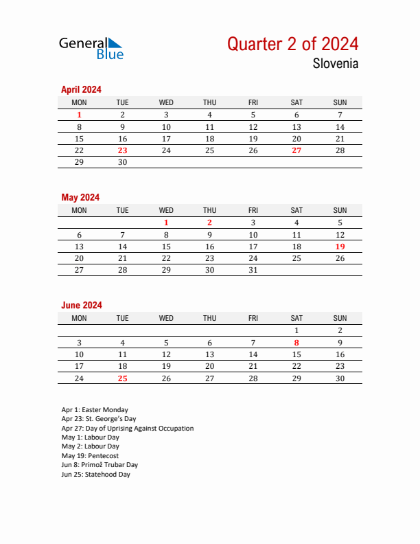 Printable Three Month Calendar with Slovenia Holidays