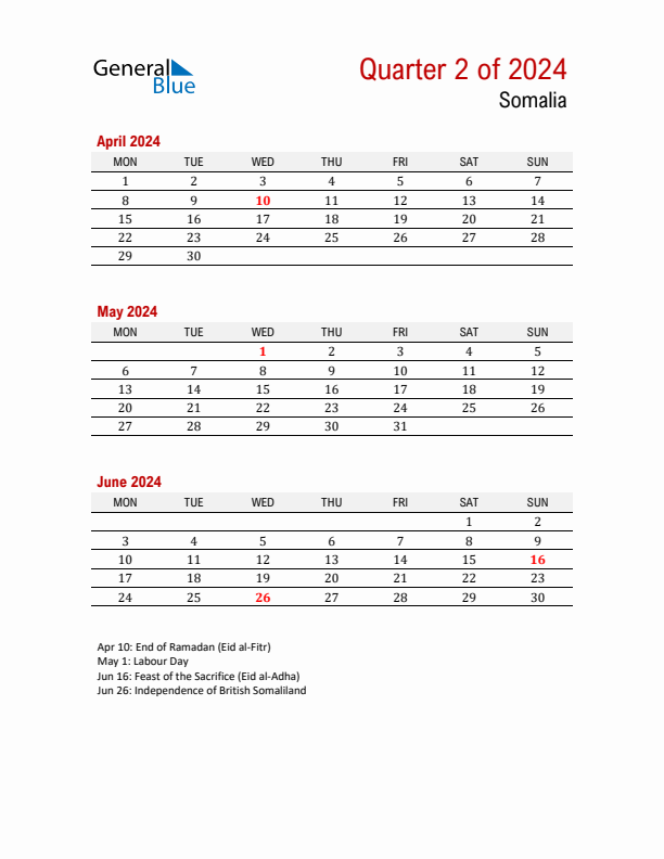 Printable Three Month Calendar with Somalia Holidays