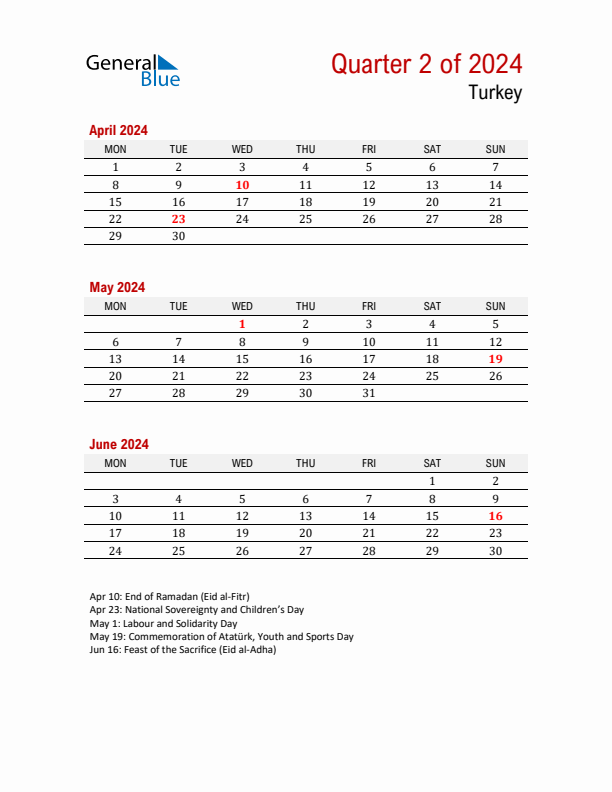 Printable Three Month Calendar with Turkey Holidays