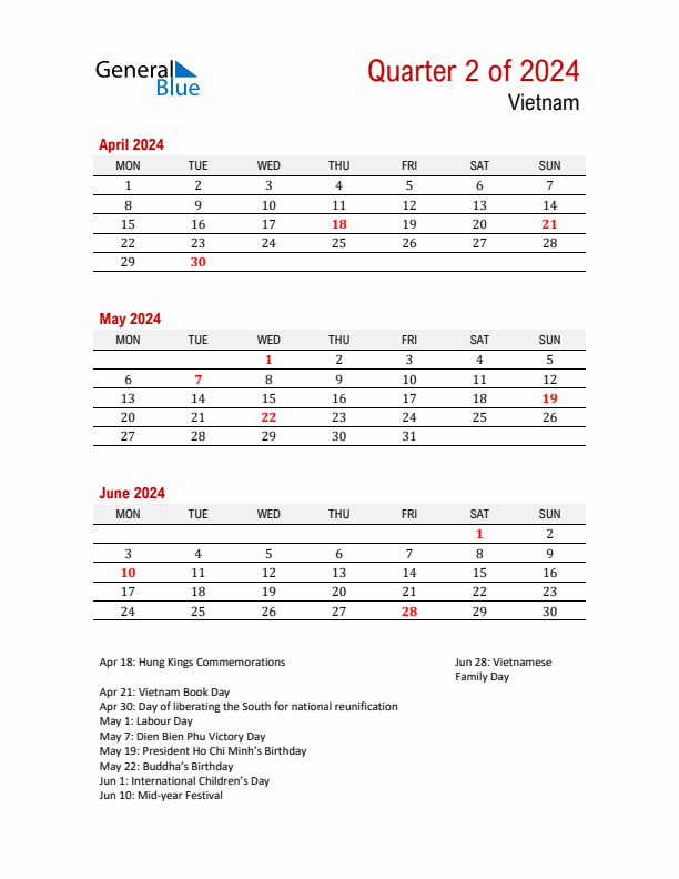 Printable Three Month Calendar with Vietnam Holidays