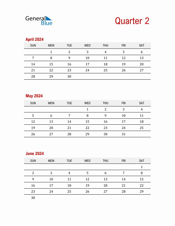 Three-Month Printable Calendar 2024