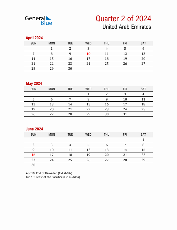 Printable Three Month Calendar with United Arab Emirates Holidays