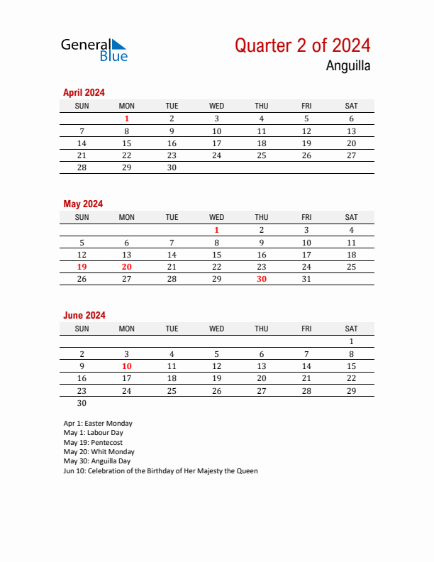 Printable Three Month Calendar with Anguilla Holidays