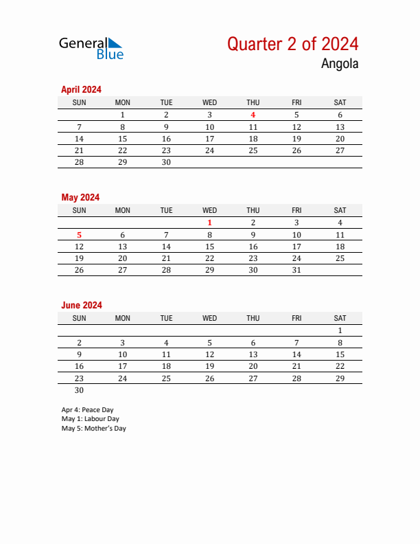 Printable Three Month Calendar with Angola Holidays