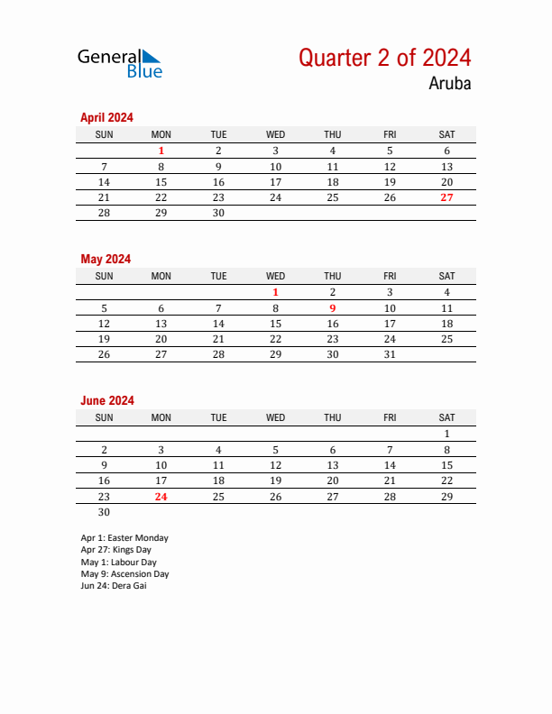 Printable Three Month Calendar with Aruba Holidays