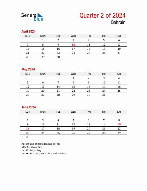 Printable Three Month Calendar with Bahrain Holidays