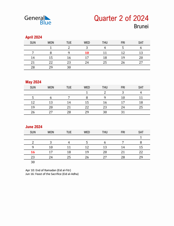 Printable Three Month Calendar with Brunei Holidays