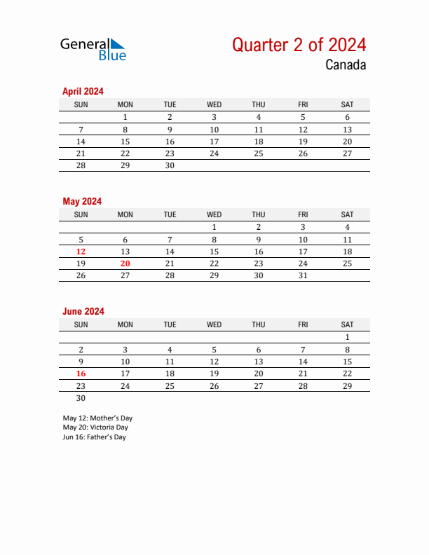 Printable Three Month Calendar with Canada Holidays