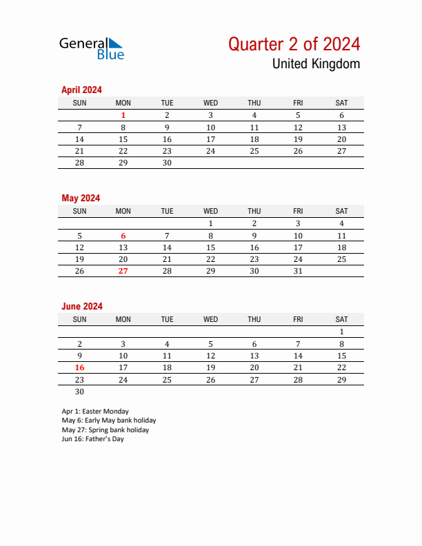 Printable Three Month Calendar with United Kingdom Holidays