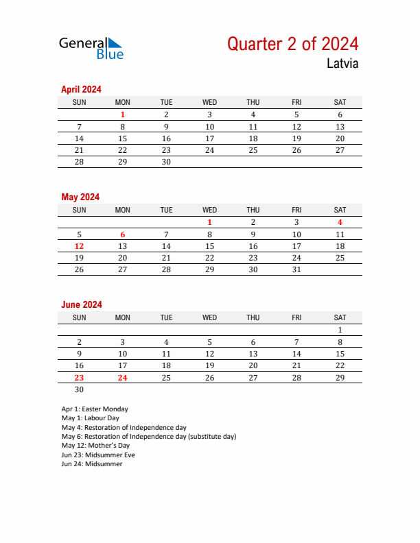 Printable Three Month Calendar with Latvia Holidays