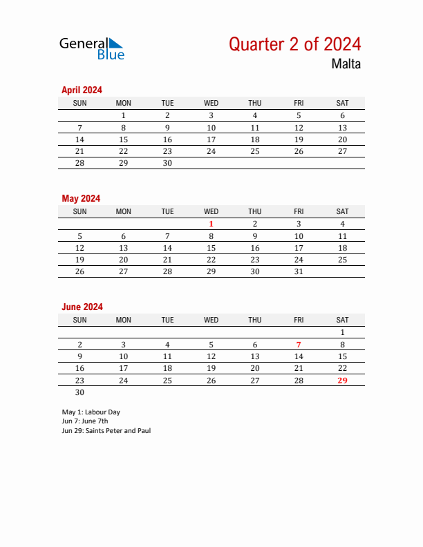 Printable Three Month Calendar with Malta Holidays