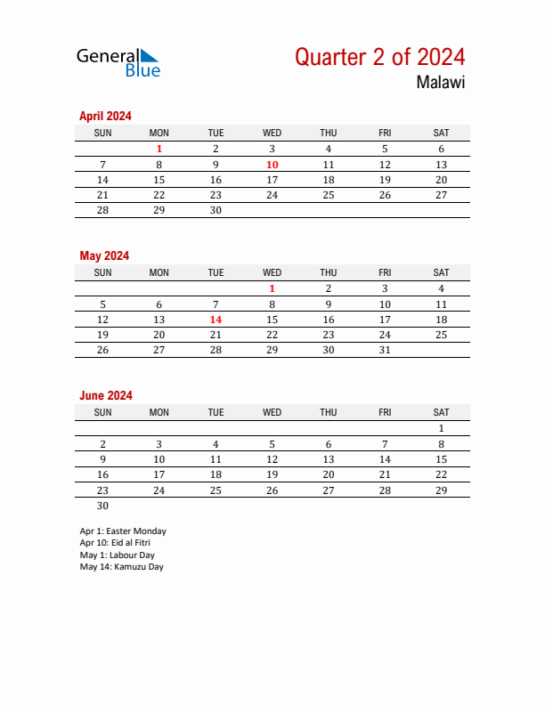 Printable Three Month Calendar with Malawi Holidays