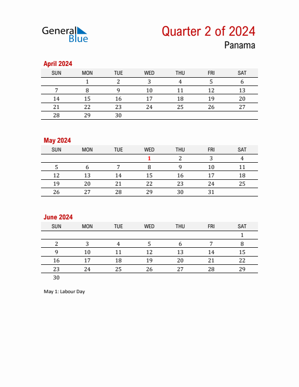 Printable Three Month Calendar with Panama Holidays