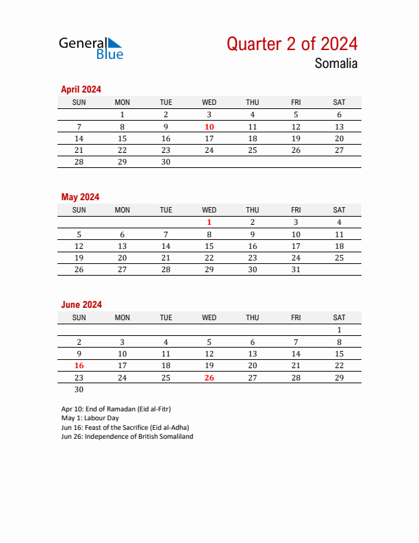 Printable Three Month Calendar with Somalia Holidays