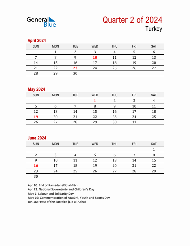 Printable Three Month Calendar with Turkey Holidays