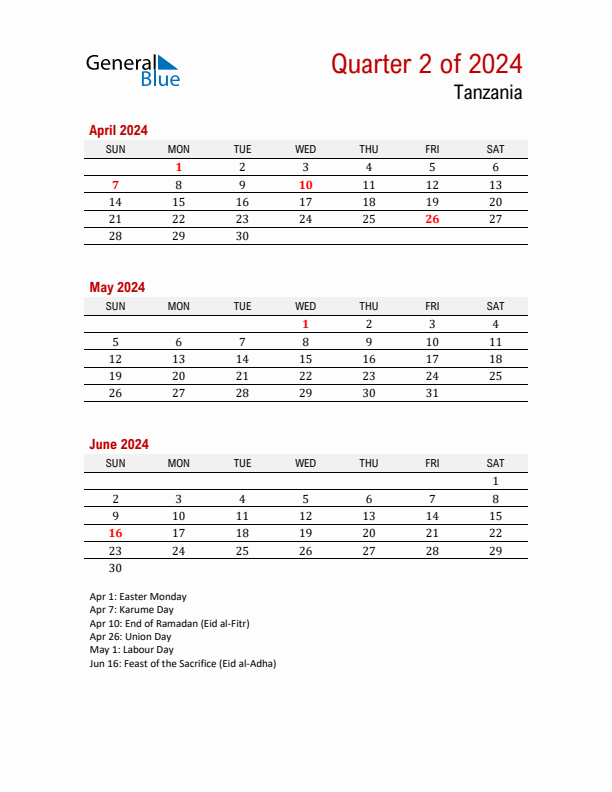 Printable Three Month Calendar with Tanzania Holidays