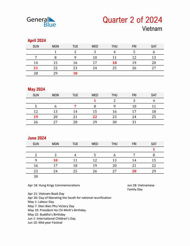 Printable Three Month Calendar with Vietnam Holidays