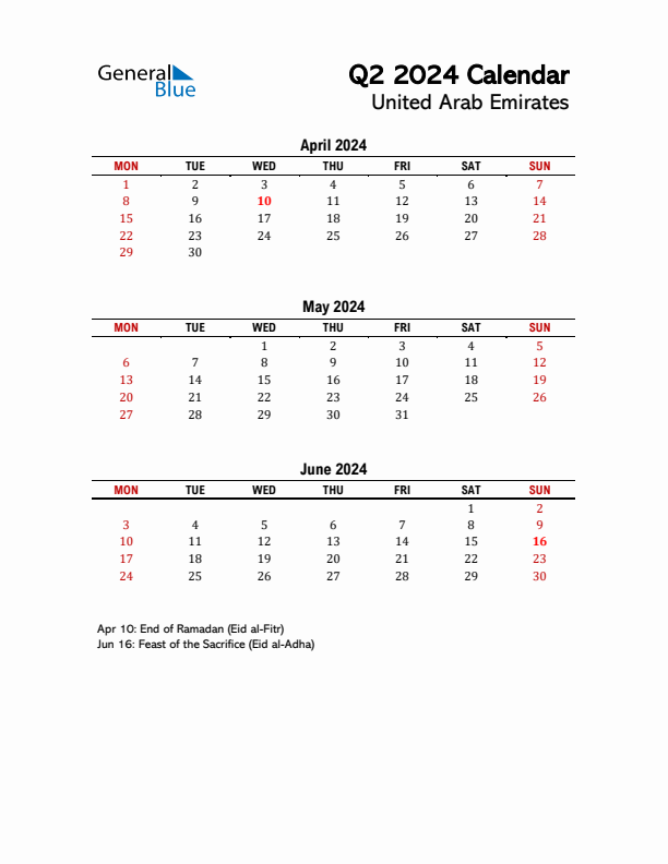 2024 Q2 Calendar with Holidays List for United Arab Emirates