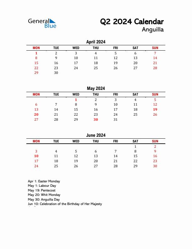 2024 Q2 Calendar with Holidays List for Anguilla