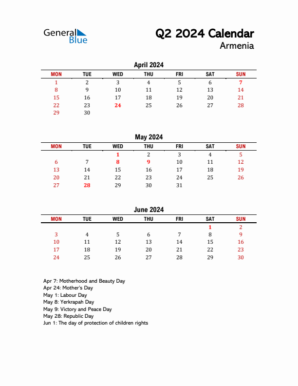 2024 Q2 Calendar with Holidays List for Armenia