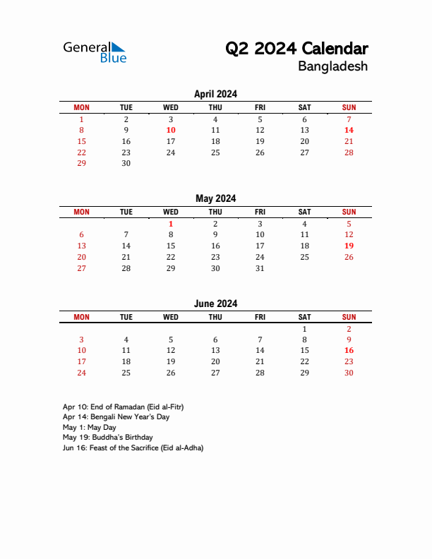 2024 Q2 Calendar with Holidays List for Bangladesh