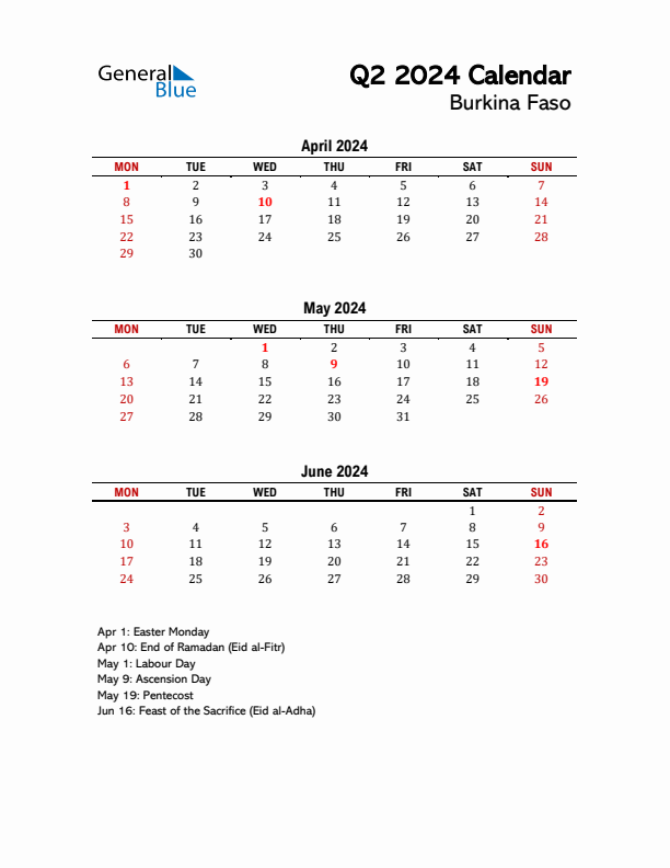 2024 Q2 Calendar with Holidays List for Burkina Faso