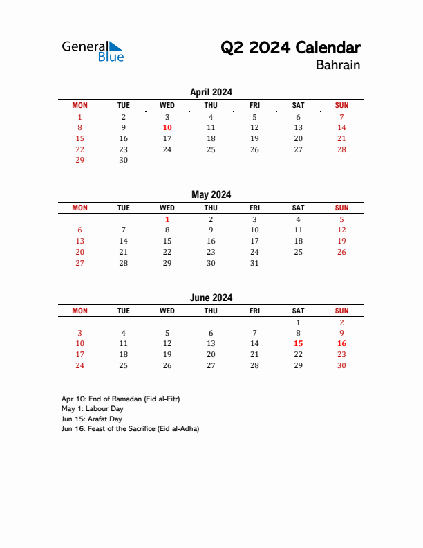 2024 Q2 Calendar with Holidays List for Bahrain