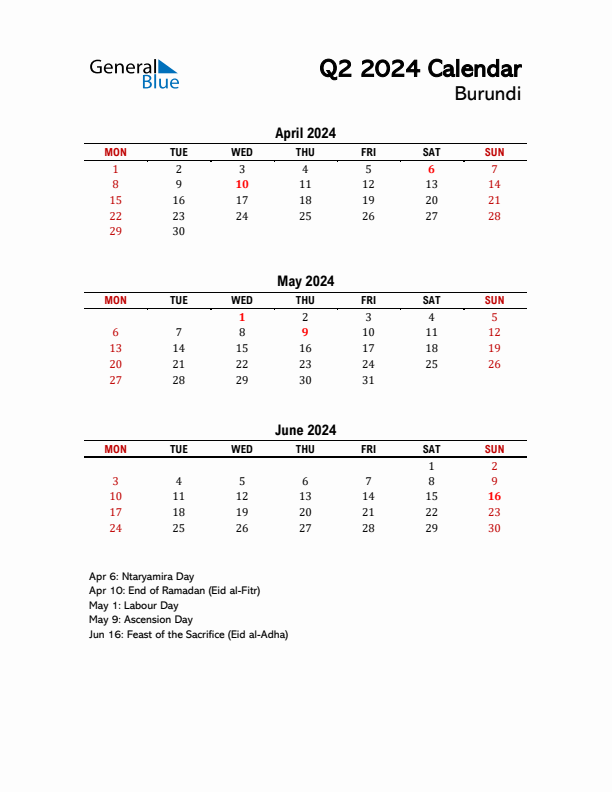 2024 Q2 Calendar with Holidays List for Burundi