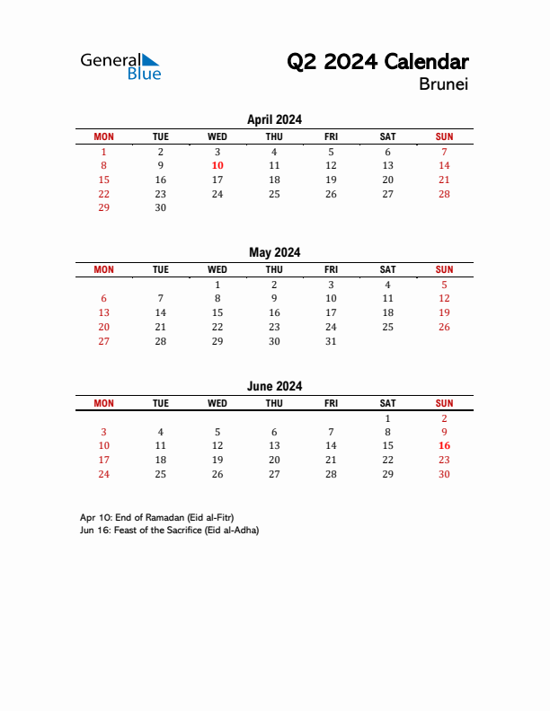 2024 Q2 Calendar with Holidays List for Brunei