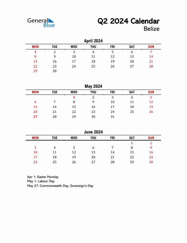 2024 Q2 Calendar with Holidays List for Belize